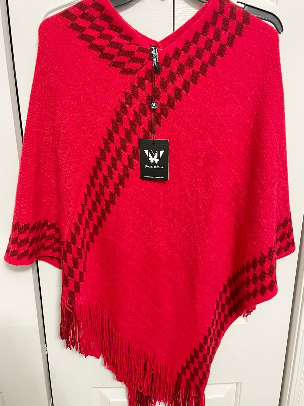White Mark Red Poncho with Dark Red Diamond Trim and Fringe